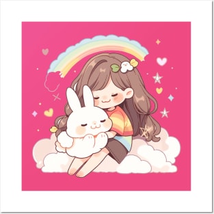 cut , rabbit , girl , rainbow Posters and Art